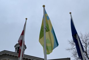 Vlag voor de mensenrechten op de Markt.